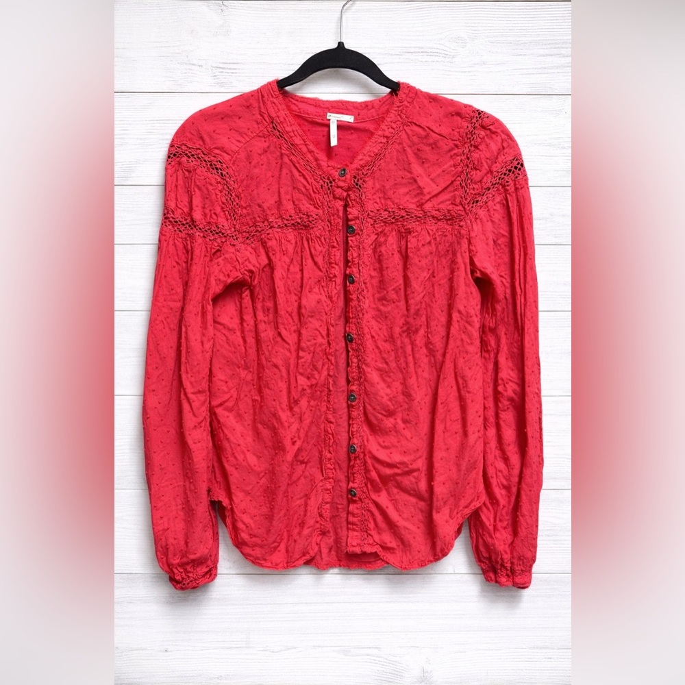 Free People Vibrant Red Lace-Trim Blouse